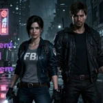 Grace Ashcroft and Leon S. Kennedy standing in the ruins of Raccoon City in Resident Evil Requiem