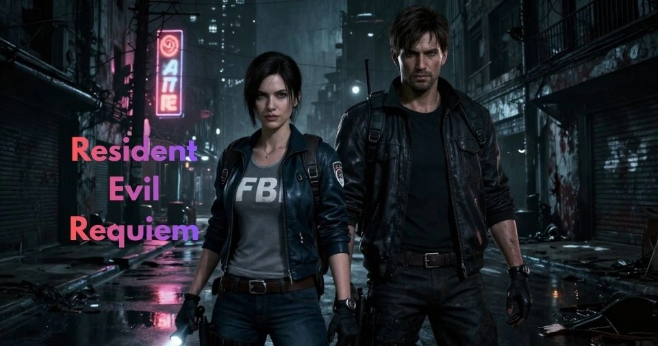 Grace Ashcroft and Leon S. Kennedy standing in the ruins of Raccoon City in Resident Evil Requiem