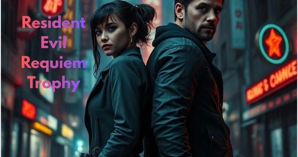 Grace Ashcroft and Leon S. Kennedy standing back-to-back in neon-lit Raccoon City streets — Resident Evil Requiem Trophy Guide