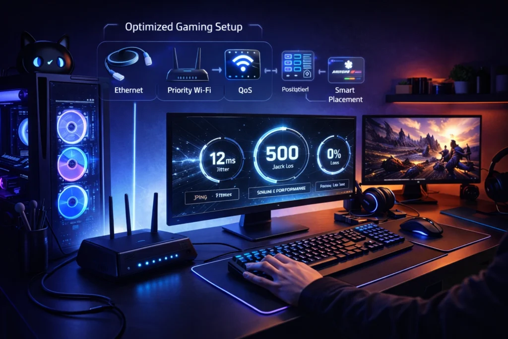 Modern gaming desk setup with router, PC, dual monitors, and on-screen graphics showing ping, packet loss, and network optimization for online gaming performance.