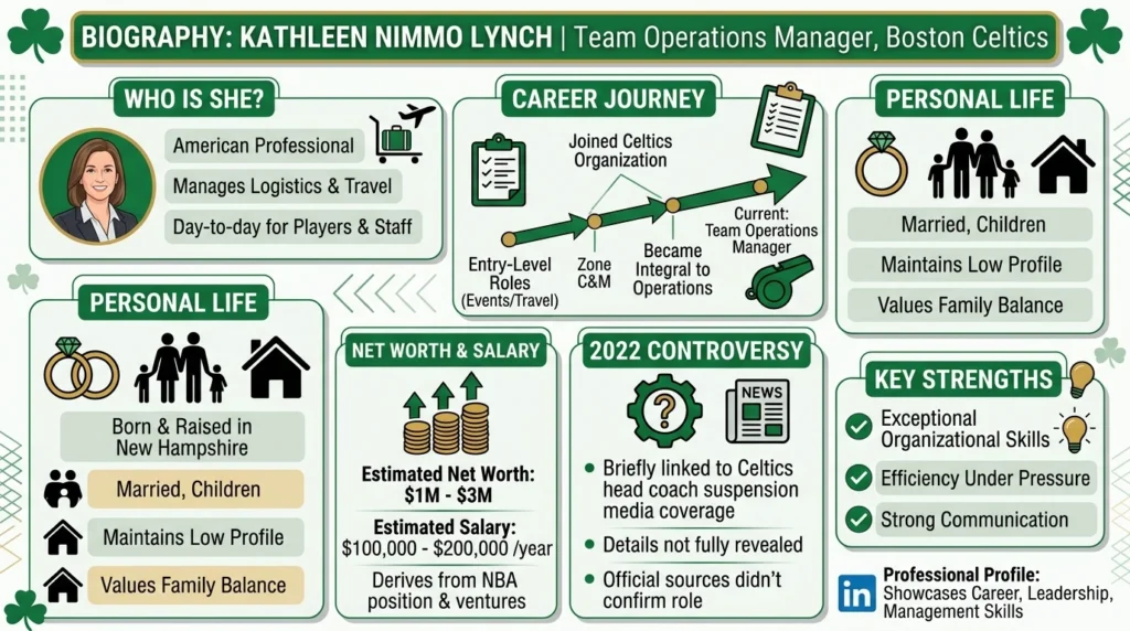 Biography: Kathleen Nimmo Lynch – Team Operations Manager, Boston Celtics.” It presents a profile of an American professional who manages logistics and travel for players and staff. A career timeline shows progression from entry-level event/travel roles to joining the Celtics, becoming integral to operations, and currently serving as team operations manager. Personal details note she was born and raised in New Hampshire, is married with children, maintains a low profile, and values family balance. A section lists estimated net worth of $1M–$3M and salary of $100K–$200K per year. Another section references a 2022 controversy, saying she was briefly linked in media coverage to a head coach suspension, with details not fully revealed and no official confirmation. Key strengths highlighted include organizational skills, efficiency under pressure, and strong communication. The design uses green Celtics-themed colors, icons (family, ring, house, clipboard, coins), and a small illustrated portrait.